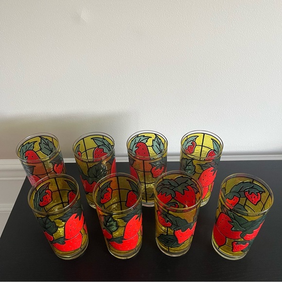Strawberry Fruit Stained Glass Tumblers Vintage 1973 Set of 8 - Picture 2 of 15